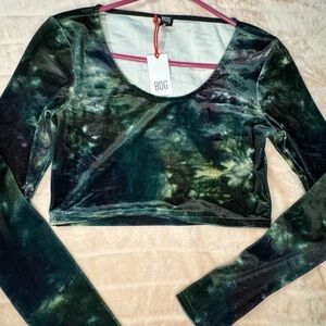 BDG Green Tie-Dye Women's Velour Crop Top with Long Sleeves Size M
